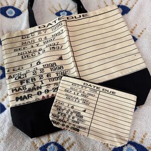 Library Card Canvas Tote Bag Set - Black and Cream